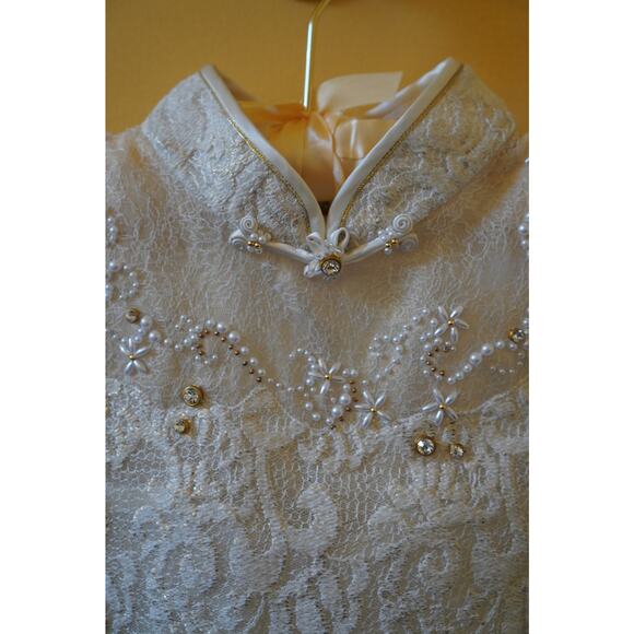 Londee Qipao Embroidered Jacquard Lace Cap Sleeve Collar Dress Ivory Size XS - Picture 7 of 10